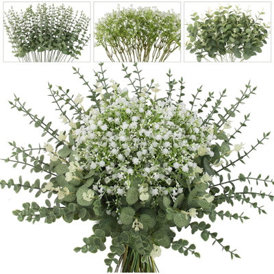 100 pièces de tiges d'eucalyptus artificiels, de fleurs artificielles en vrac et de feuilles d'eucalyptus