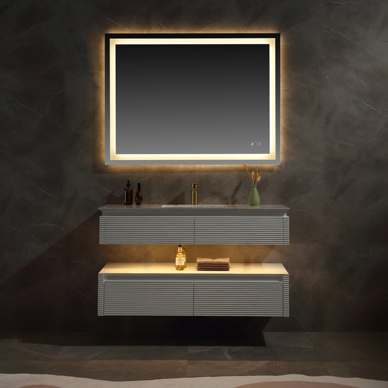 Lumino 48'' Modern Wall Mounted Single Bathroom Vanity with Engineered Stone Top and Light, White