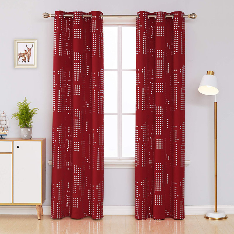 Albhie Geometric Room Darkening Thermal Curtain Panels, Red, 38" W x 84" L