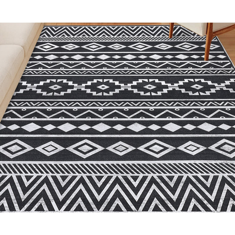 Black and White Geometric Washable 9' x 12' Area Rug