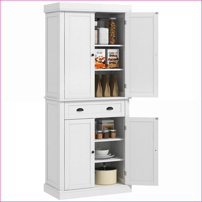 Armoire de cuisine, rangement autoportant traditionnel 72,5 po avec 4 portes, tiroir, tablettes réglables, grain de bois blanc | Panneau de particules | Bois d'ingénierie