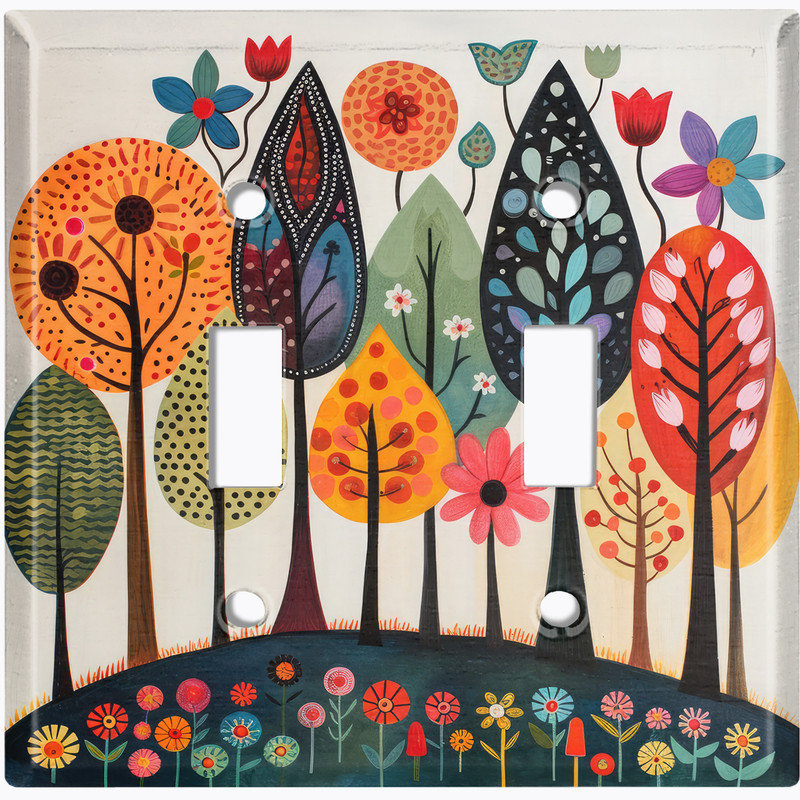 Couvercle de plaque d'interrupteur en métal; Bascule de taille standard US 2 - Folk Art Forest, #2 Double Toggle
