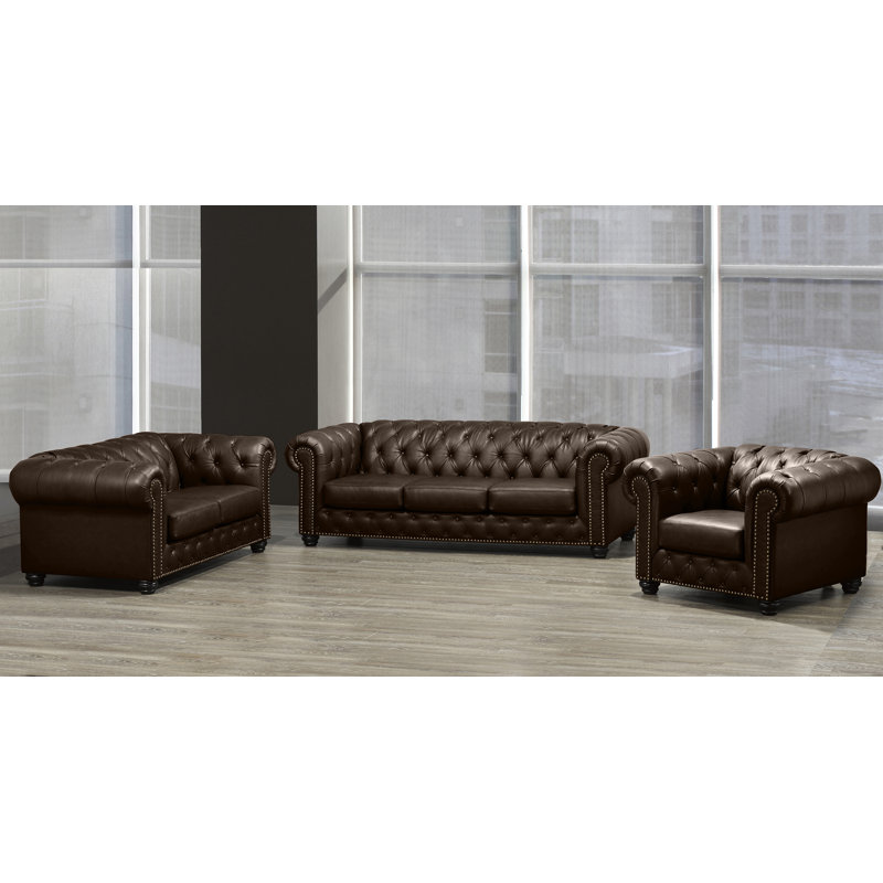 Ensemble de salon en cuir véritable 3 pièces Orner, Similicuir brun
