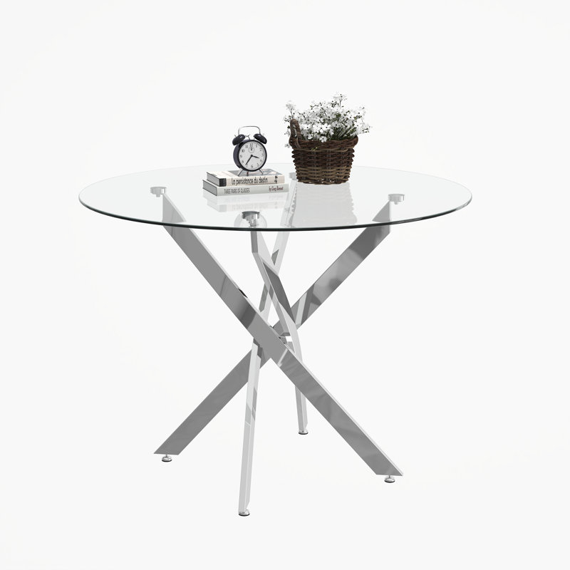 Round Dining Table, 35.5" Glass Dining Table With Silver Legs, Modern Kitchen Table For Home Kitchen, Dining Room, Chrome