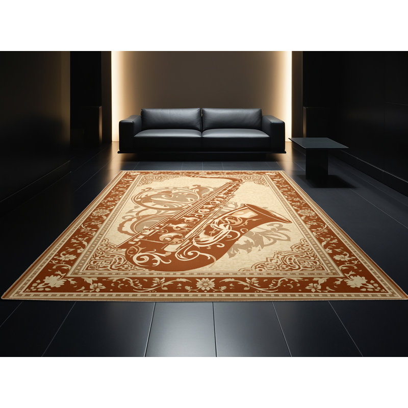 Tapis oriental classique beige et saxophone lavable à la machine Orfelinda, 8 x 10