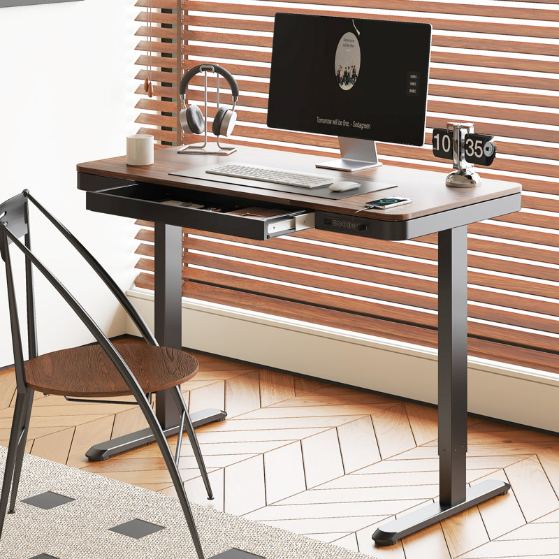 Home Office Height Adjustable Standing Desk with Drawer, 46.5" H x 47.4" W x 23.7" D, Rustic Brown/Black