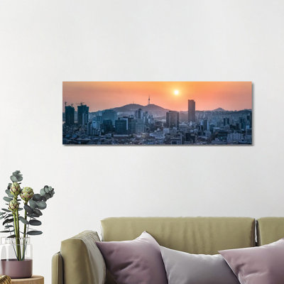 Seoul Skyline Panorama At Sunset With View Of Namsan Mountain And N Seoul Tower by Jan Becke - Wrapped Canvas Panoramic Print