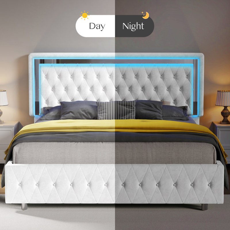 White Velvet Queen Platform Bed with LED Lighted Tufted Headboard