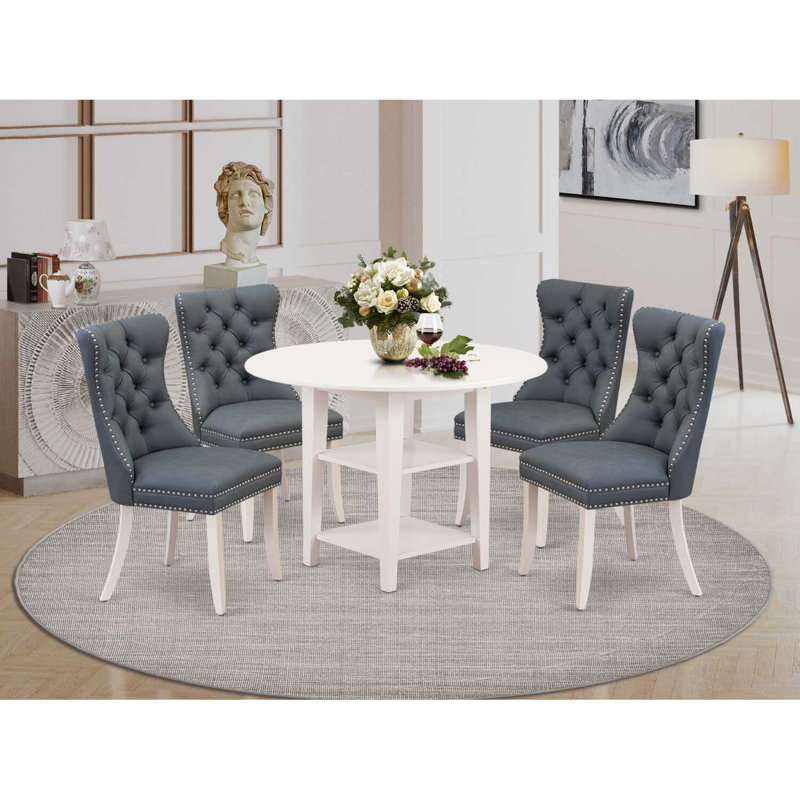 5-Piece Linen White Finish Solid Wood Top - Round Dining Room Set with Dropleaf - Seats 4, Gray