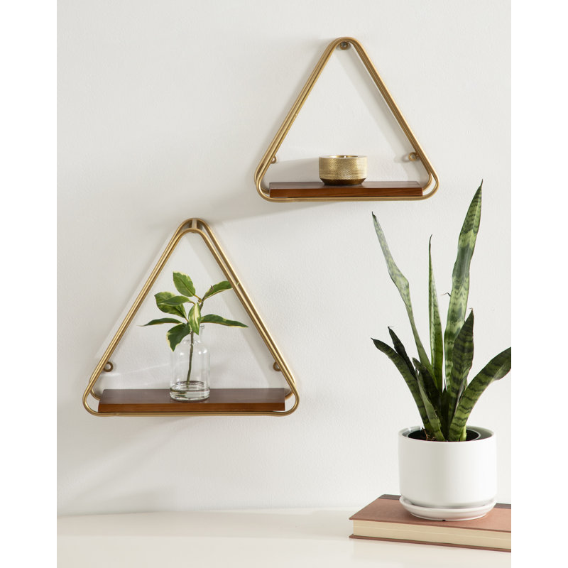 2 Piece Triangle Accent Shelf, Walnut Brown/Gold