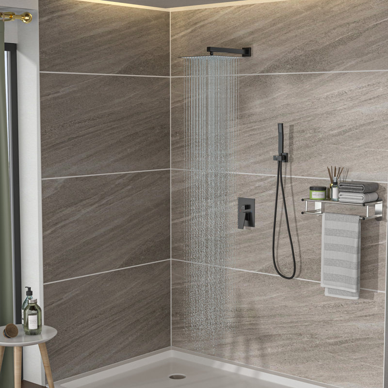 Double système de douche mural carré de 12 po avec valve Roughin, noir mat