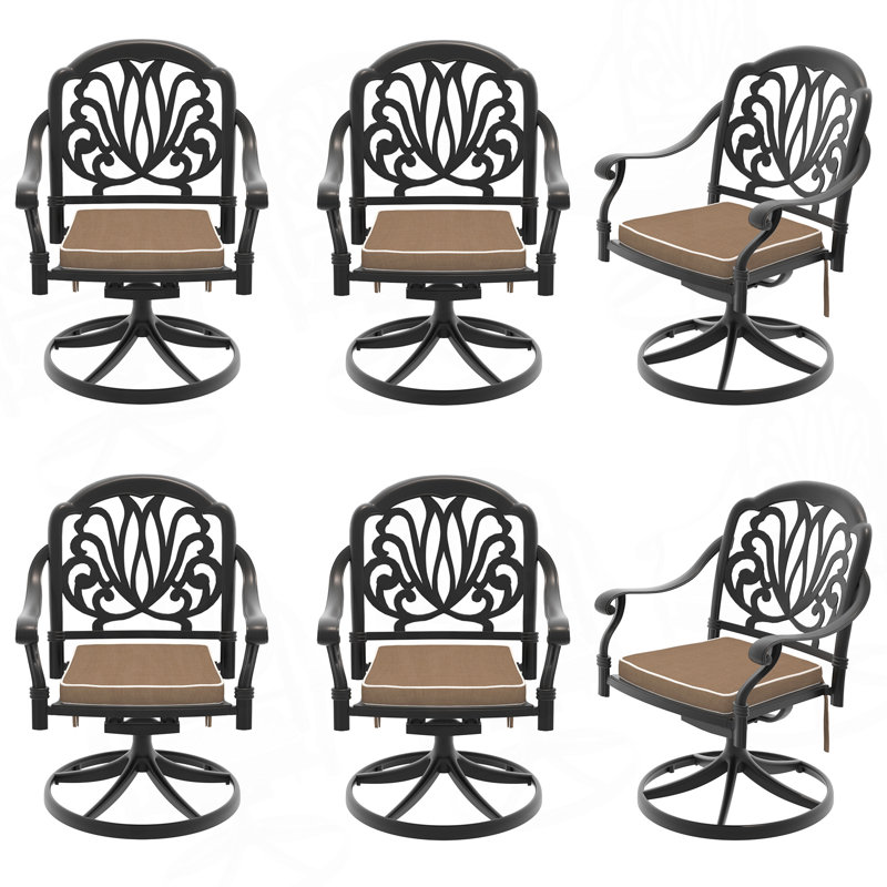 Chaise de patio pivotante en fonte d'aluminium 6 pièces avec structure noire et coussins bruns