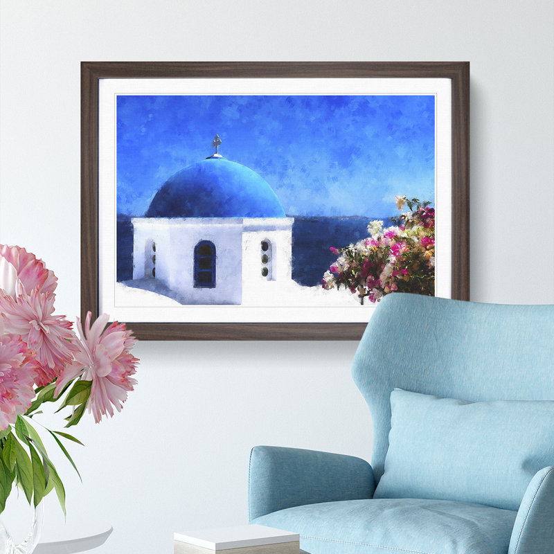 Santorini Blue Domed Church - Picture Frame Painting Print, 62cm H x 87cm W x 2cm D, Walnut Framed