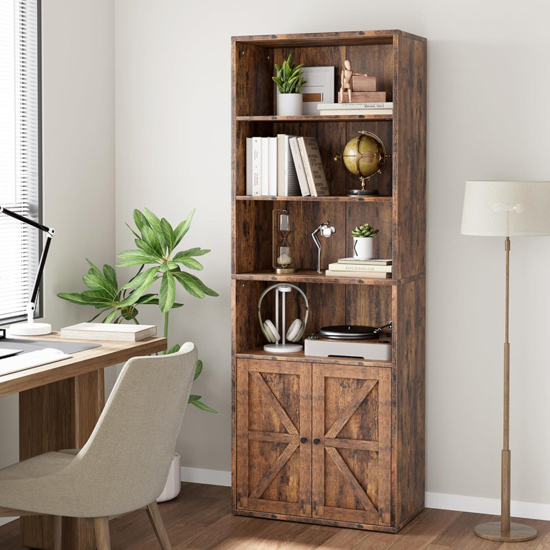 71.4" Farmhouse Bookcase with Doors, 6-Shelf Wooden Storage Cabinet for Living Room, Office & Study, Rustic Brown