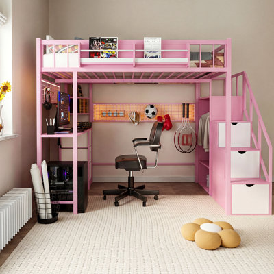 Lit mezzanine avec bureau intégré, escalier et garde-robe, structure en métal peu encombrante avec station de charge, lumières DEL et rangement pour adultes