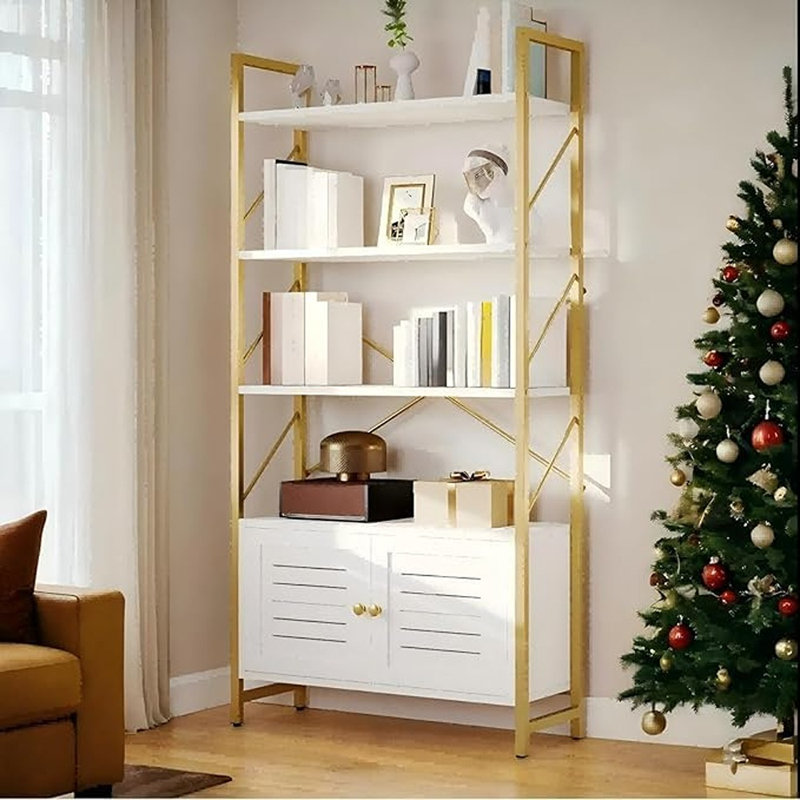 Bibliothèque moderne à 5 niveaux avec armoire de rangement - Blanc et or | Bibliothèque sur pied avec portes | Présentoirs pour la chambre à coucher, le salon et le bureau