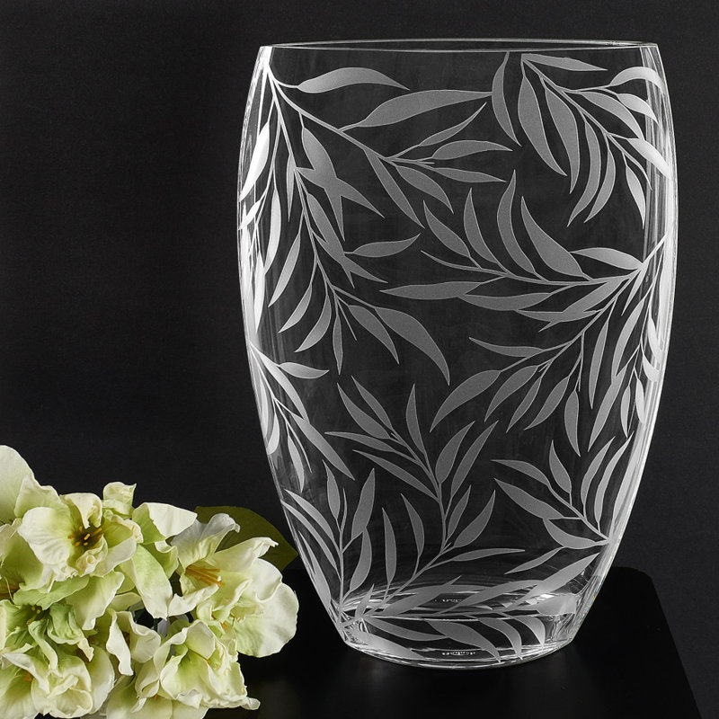12" Frosted Leaf Pattern Oval Crystal Table Vase