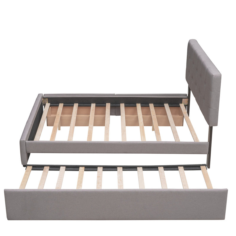 Lit plateforme tapissier avec 2 tiroirs et 1 lit gigogne simple TG, tissu de lin, grand, Gris clair