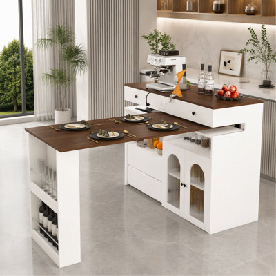 Kitchen Island with Extendable & Rotating Table, MDF with  Veneer Retro Design, 4 Drawers & Glass Door Cabinets with Built-in Socket, Expandable Dining Station for 2-4 Person