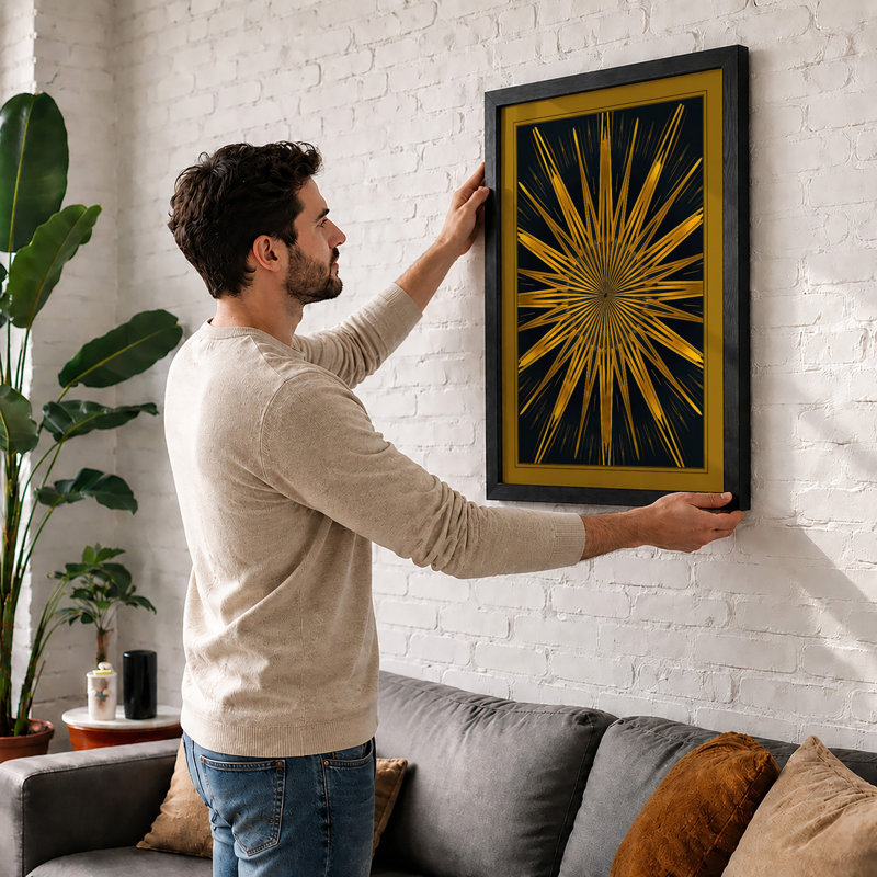 Golden Starburst Geometric - Framed Print, A1 - 84.1 x 59.4 cm, Black