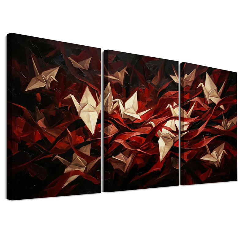 Grues en origami blanches sur fond rouge abstrait - Ensemble de 3 toiles murales, H 24 po x l 16 po x 3 pièces