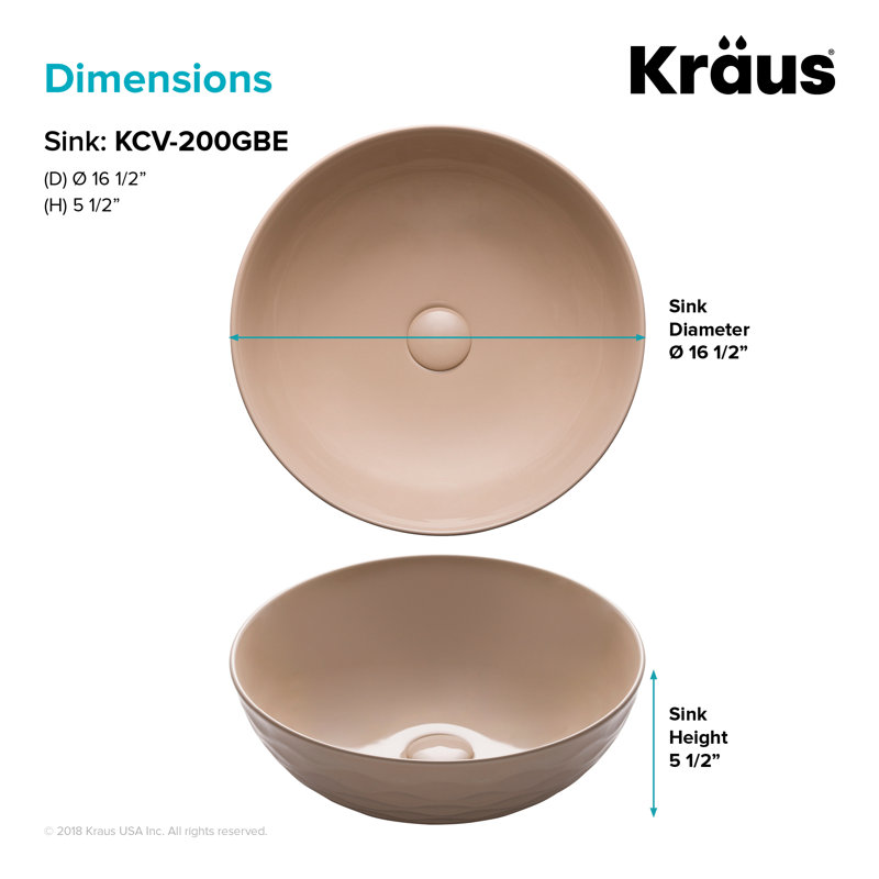 Thin Ceramics Circular Vessel Bathroom Sink, Beige