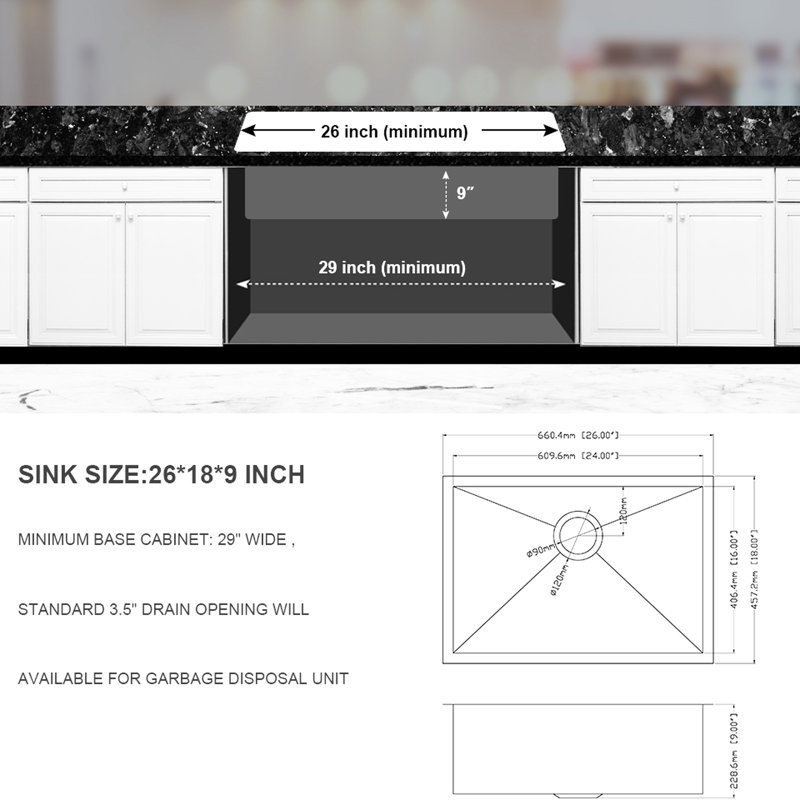 26 Inch 16 Gauge Stainless Steel Undermount Single Bowl Kitchen Sink, Drain Assembly Included, X - Shaped Water Flow Feature For Easy Maintenance, Condensation Coating And Quiet Rubber Pad 26" X 18"
