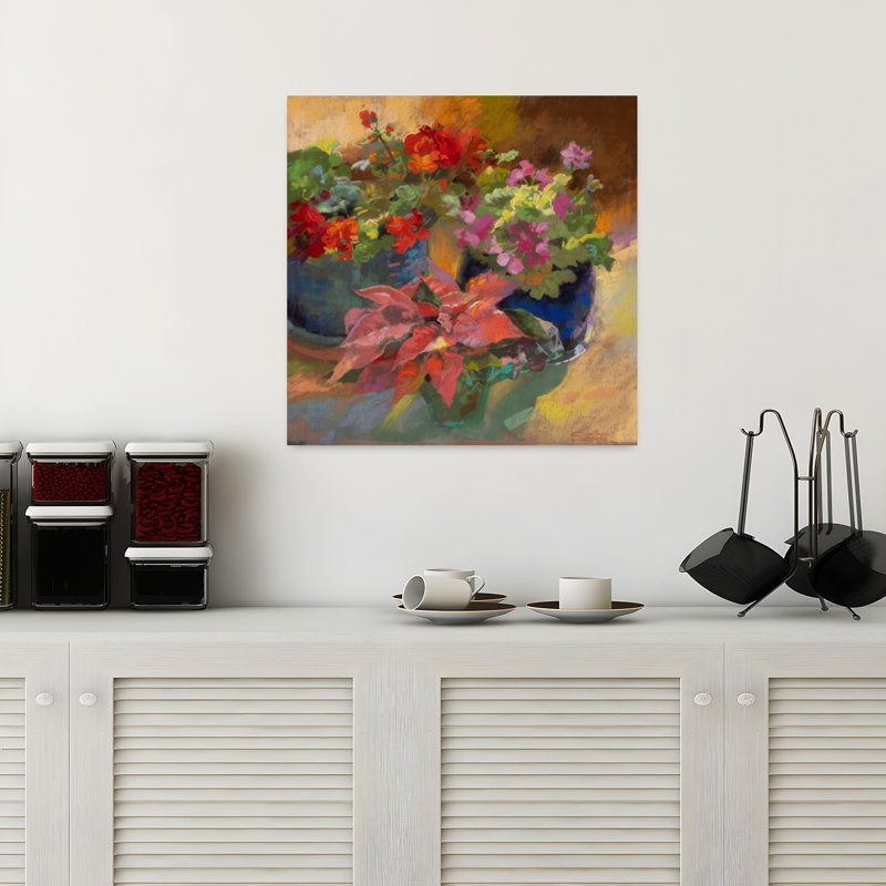 Trois Rouges, art géranium contemporain, H 18 po x l 18 po