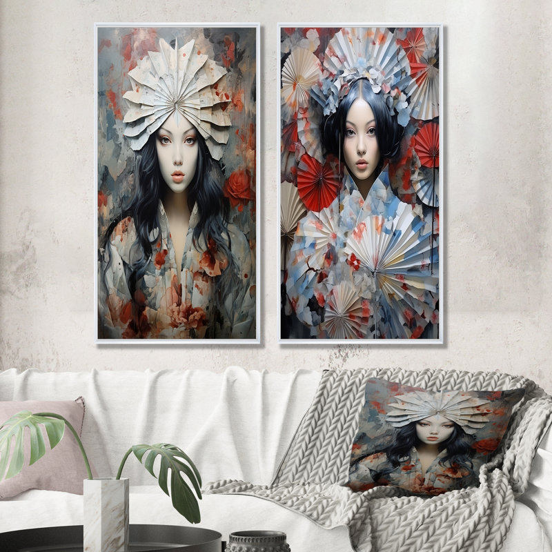 Papillon blanc asiatique Glam Woman I - ensemble de 2 décorations murales femme asiatique, Cadre flottant blanc