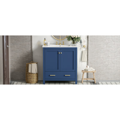 Meuble-lavabo bleu 30 po avec lavabo. Structure et cadre en bois massif. 2 portes, 1 tiroir de rangement. Mécanisme, meuble-lavabo moderne. Fabrication, surface. Tiroir encastré en céramique. Pour un moment de tranquillité