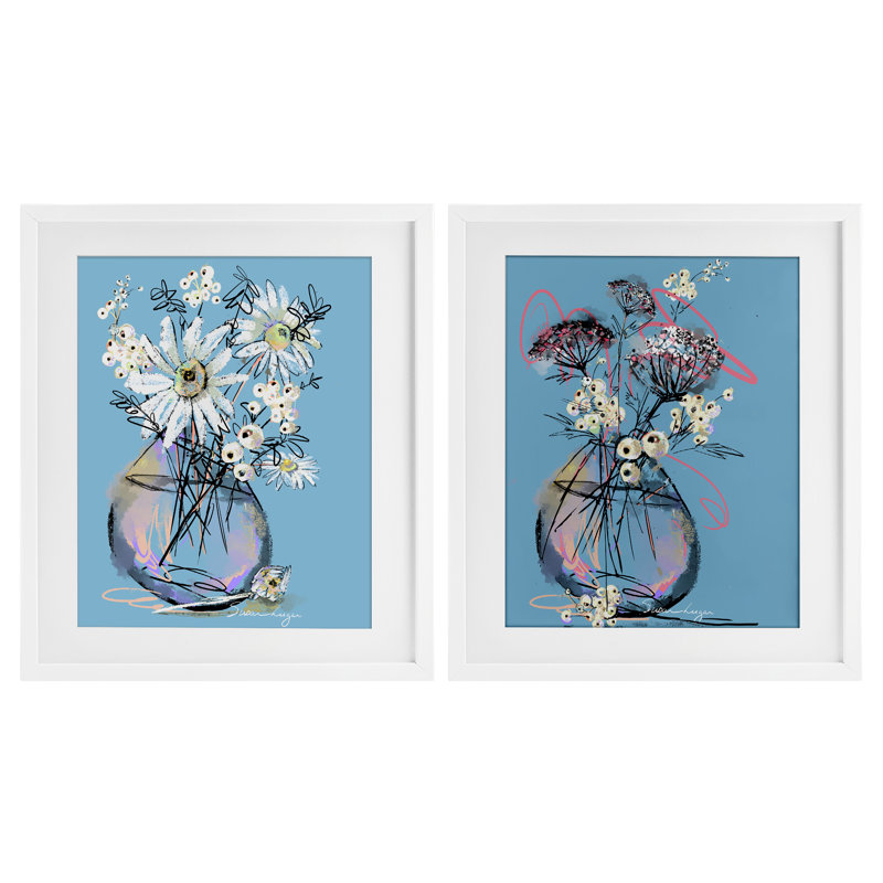 «Daisies & Snowberries Vase», ensemble de 2 impressions sous verre encadrées, design par Susan Lugar, H 16 po x l 13 po