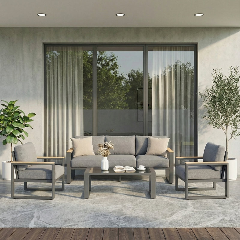 Brandtley Aluminum 5-Person Outdoor Sofa Seating Group With Wood Armrest and Cushions, Gray