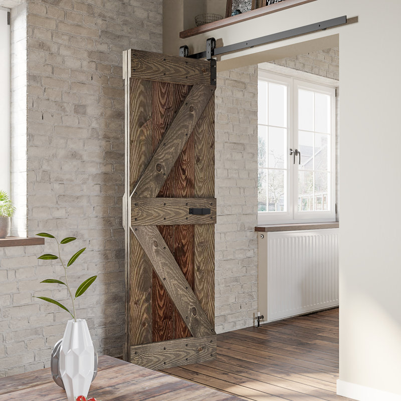 80''H Embossing Knotty Pine Wood Bi- Fold Barn Door With Hardware Kit, Dark Walnut/Aged Barrel, 48" x 80"