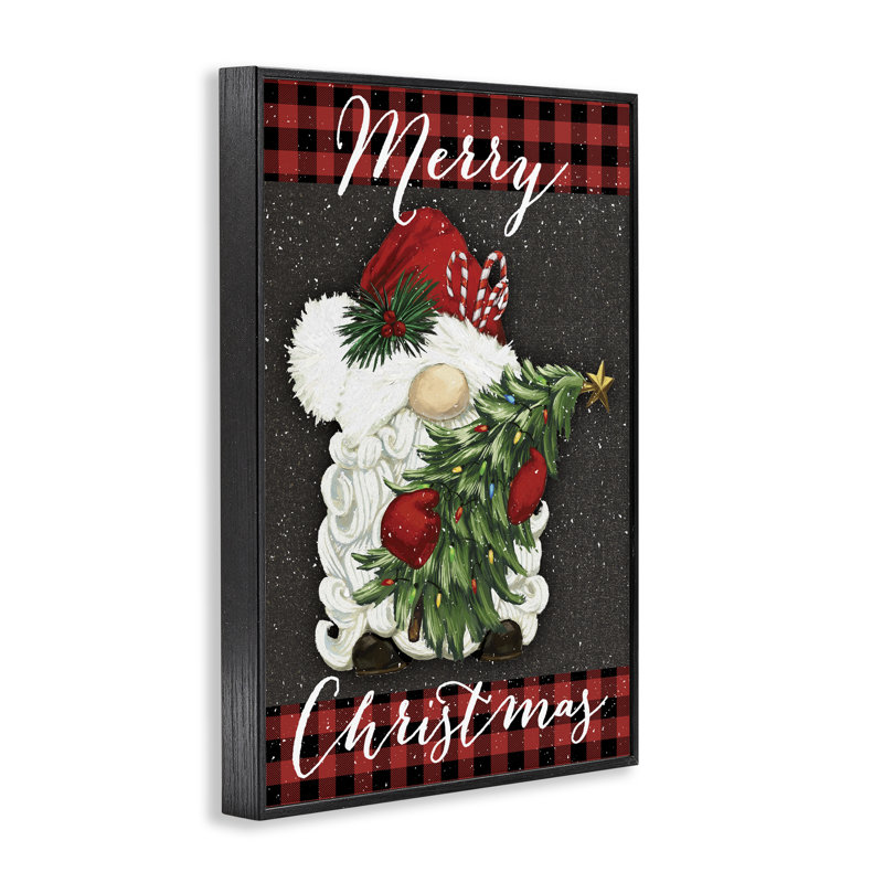 «Merry Christmas Gnome & Plaid», dessin par Dogwood Portfolio, H 18 po x l 12 po, Giclée encadrée noir minuit
