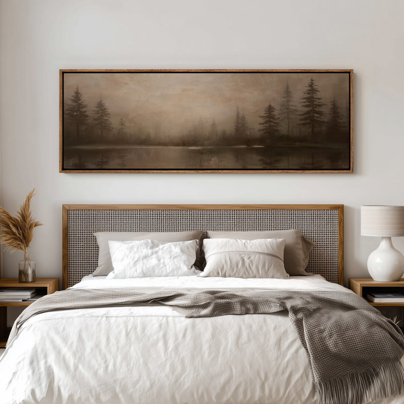 «Misty Pine Forest Reflection on Quiet Lake», art mural pour chambre à coucher ou espace de méditation, H 20 po x l 60 po