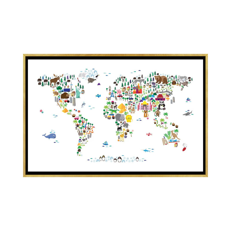 « animal map of the world » par michael tompsett-print, H 32 po x l 48 po x P 1,5 po, Toile encadrée d'or
