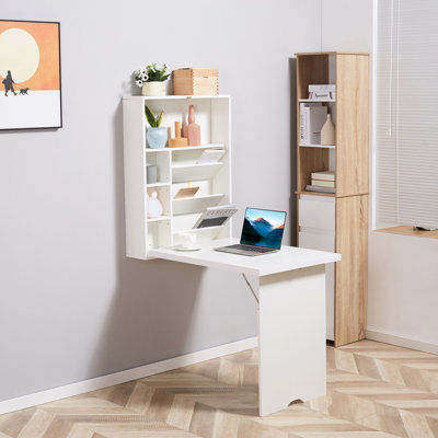 Bureau mural pliable blanc pour le bureau à domicile. Avec tablette de rangement, espace, ordinateur idéal, bureau d'écriture et plus blanc. Peut être déplié et converti pour répondre à divers besoins