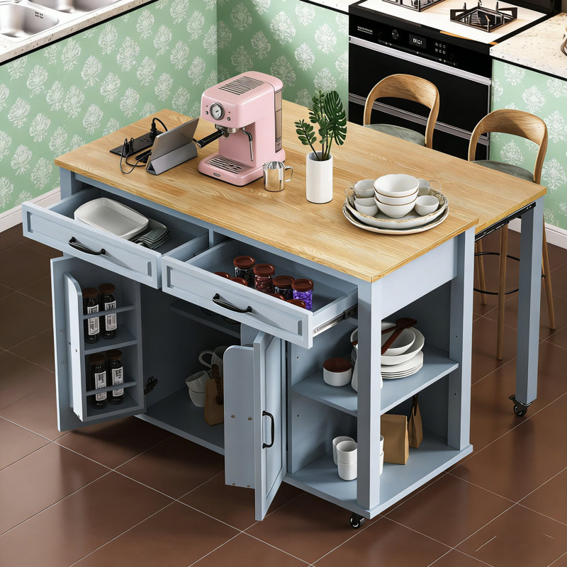 Îlot de cuisine de 47 pouces avec table de salle à manger extensible, rangement, prise de courant et tablettes réglables pour les cuisines modernes.