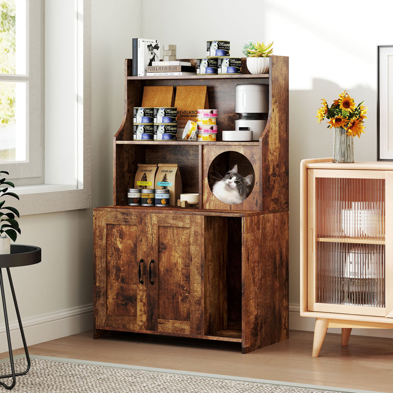 Grande boîte à litière en bois pour chat avec tablettes de rangement et table de bout
