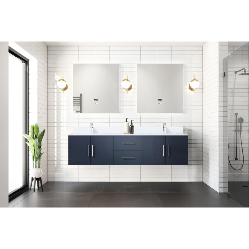 Meuble-lavabo double bleu marine 72 po X P 22 po, comptoir et robinet en quartz blanc, 30 miroirs à DEL - à usure et déchirure