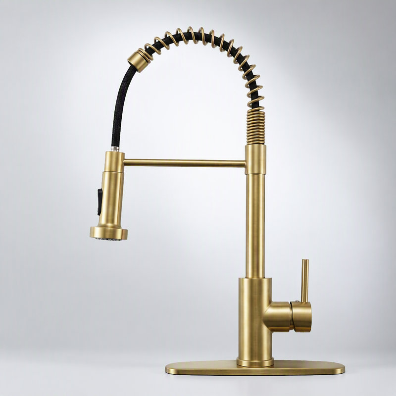 Robinet de cuisine de style industriel avec douchette extractible, poignée simple, 1 ou 3 trous, acier inoxydable, finition or brossé
