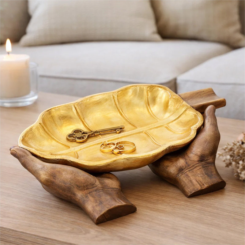 Plateau décoratif en forme de feuille avec poignée de tige, bois de teck doré de 16 pouces