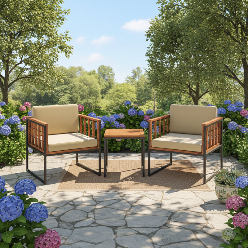 3-Piece Outdoor Bistro Set, Acacia Wood Conversation Patio Set with 2 Armchairs, Small Coffee Table, Washable Seat & Back Cushions, Modern Furniture for Balcony, Porch, Garden, or Backyard