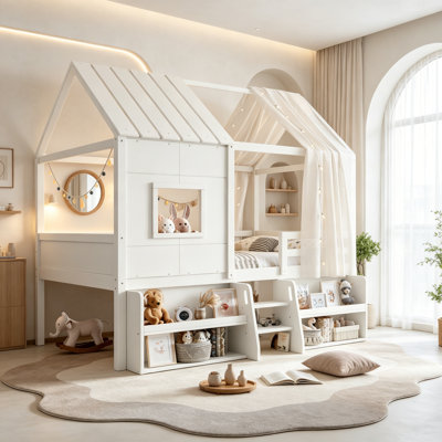 Lit mezzanine en bois de pin avec escalier de rangement et support à lattes pour enfants