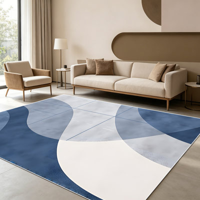 1PC Modern Minimalist Navy Blue and Off-white Geometric Wavy Abstract area rugs for Living Room, Soft and Comfortable, Suitable for all seasons, easy-to-maintain, machine washable Indoor floor mat, Under Table Farmhouse suitable for dining room,