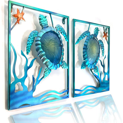 2pcs Blue Metal Sea Turtle Wall Art with LED Lights Frame Glass Fish Outdoor Patio Decor