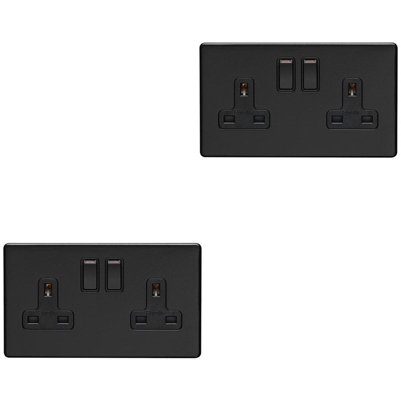 2 PACK 2 Gang Double DP 13A Switched UK Plug Socket SCREWLESS MATT BLACK Power, Matte Black, Black
