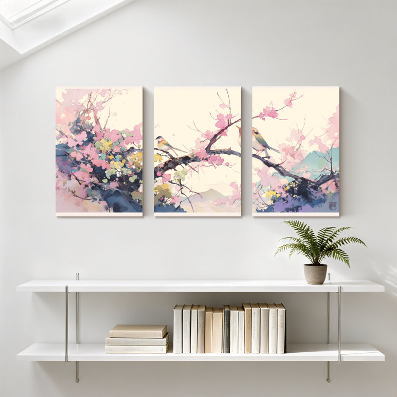 Paysage et nature, oiseaux de cerisier en fleurs, ensemble de 3 reproductions d'art sur toile, H 30 po x l 60 po