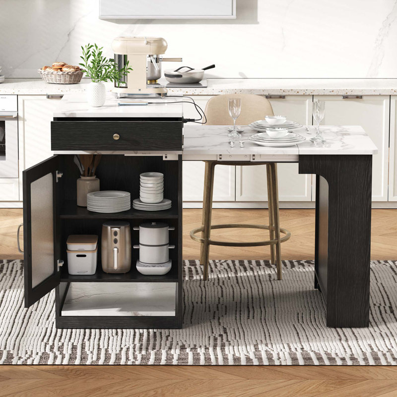 59.5" Kitchen Island With Extendable Dining Table, Black