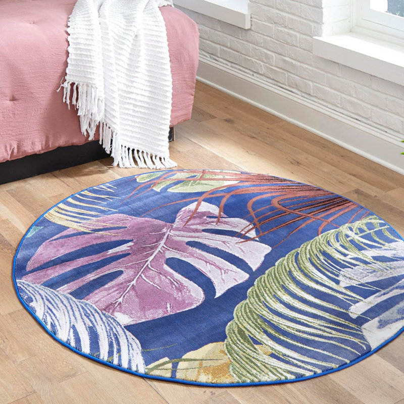 Tapis bleu marine / rose / jaune Lavern, Rond 3 pi 3 po